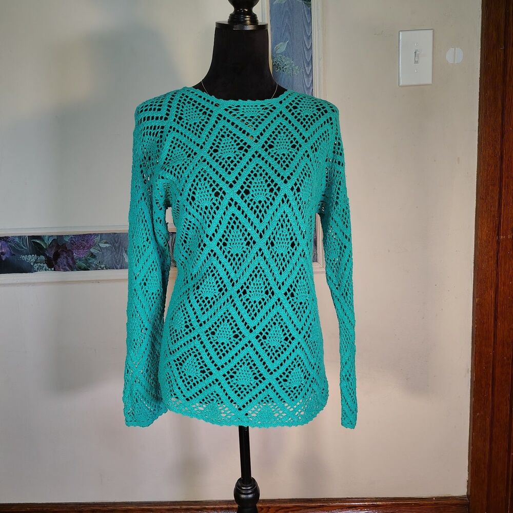 VTG Boho Chic Crochet Teal Hippie Sz Small/T612